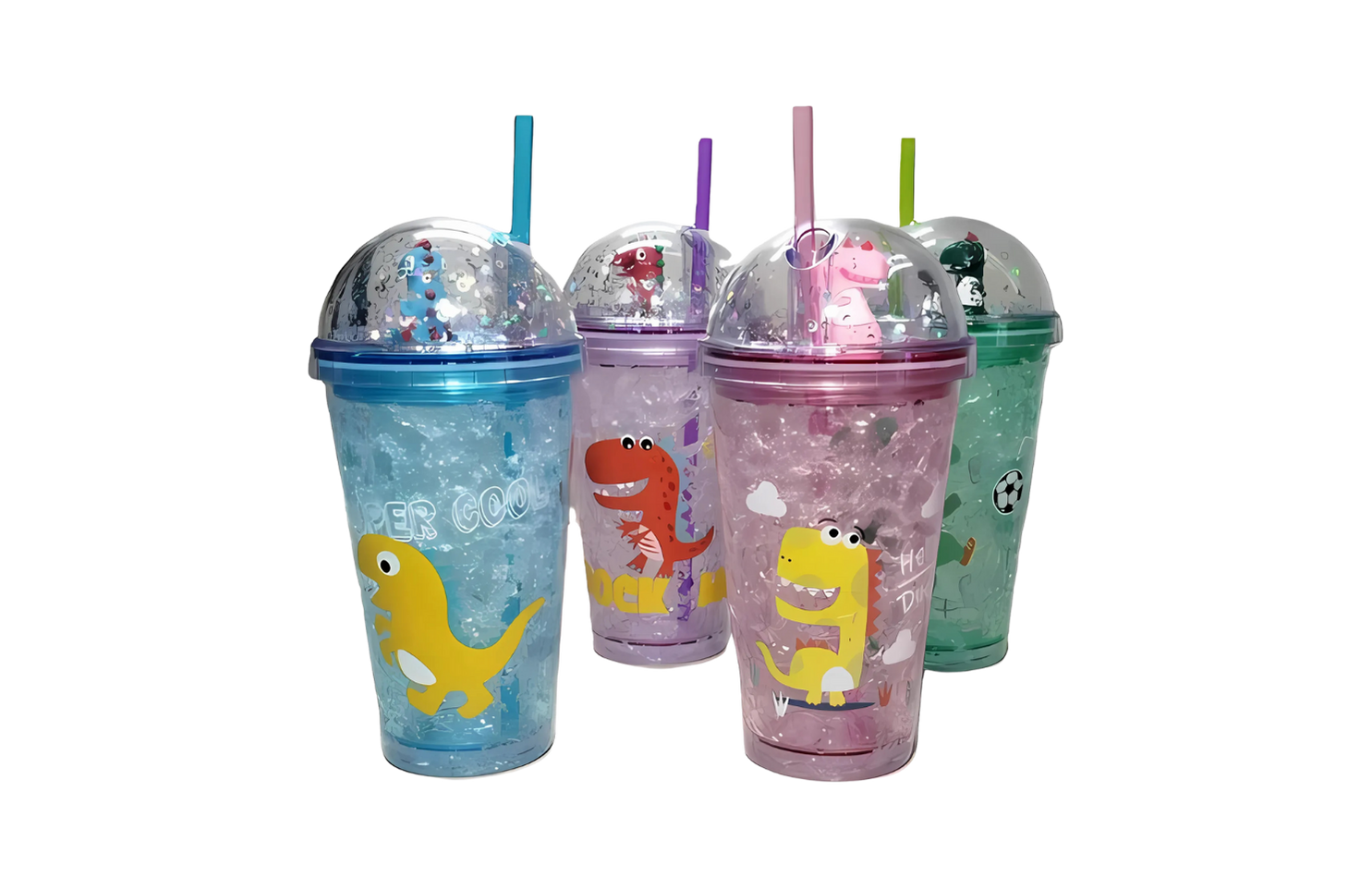 Vaso Con Tapa hermética y sorbete duro. Dinos colores varios