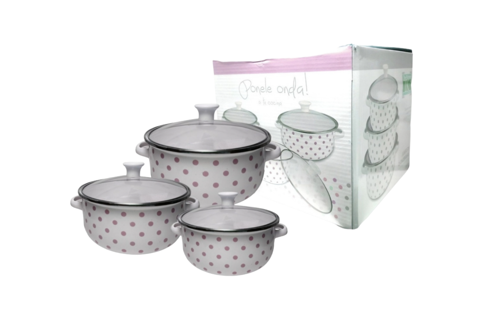 Set X 3 Unid Ollas Cacerola Enlozada C/ Tapa De Vidrio