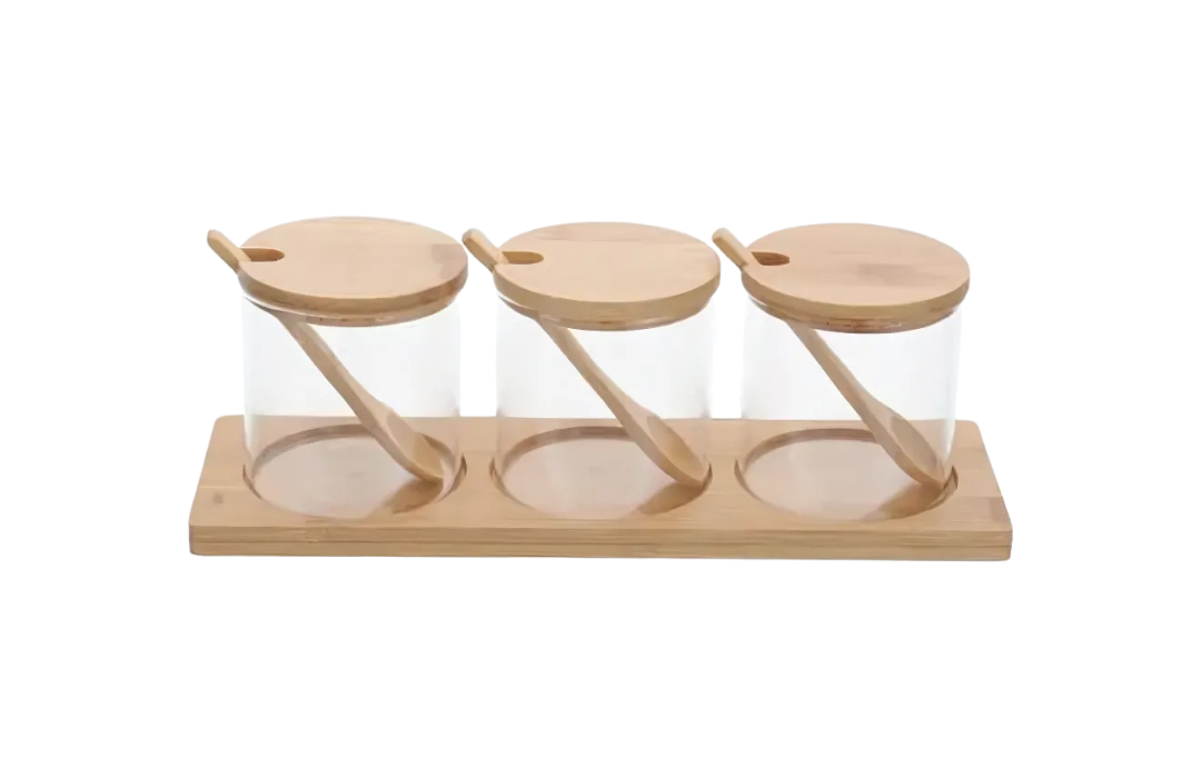 CAJA DE CONDIMENTOS EN TARRO DE VIDRIO, SET X 3